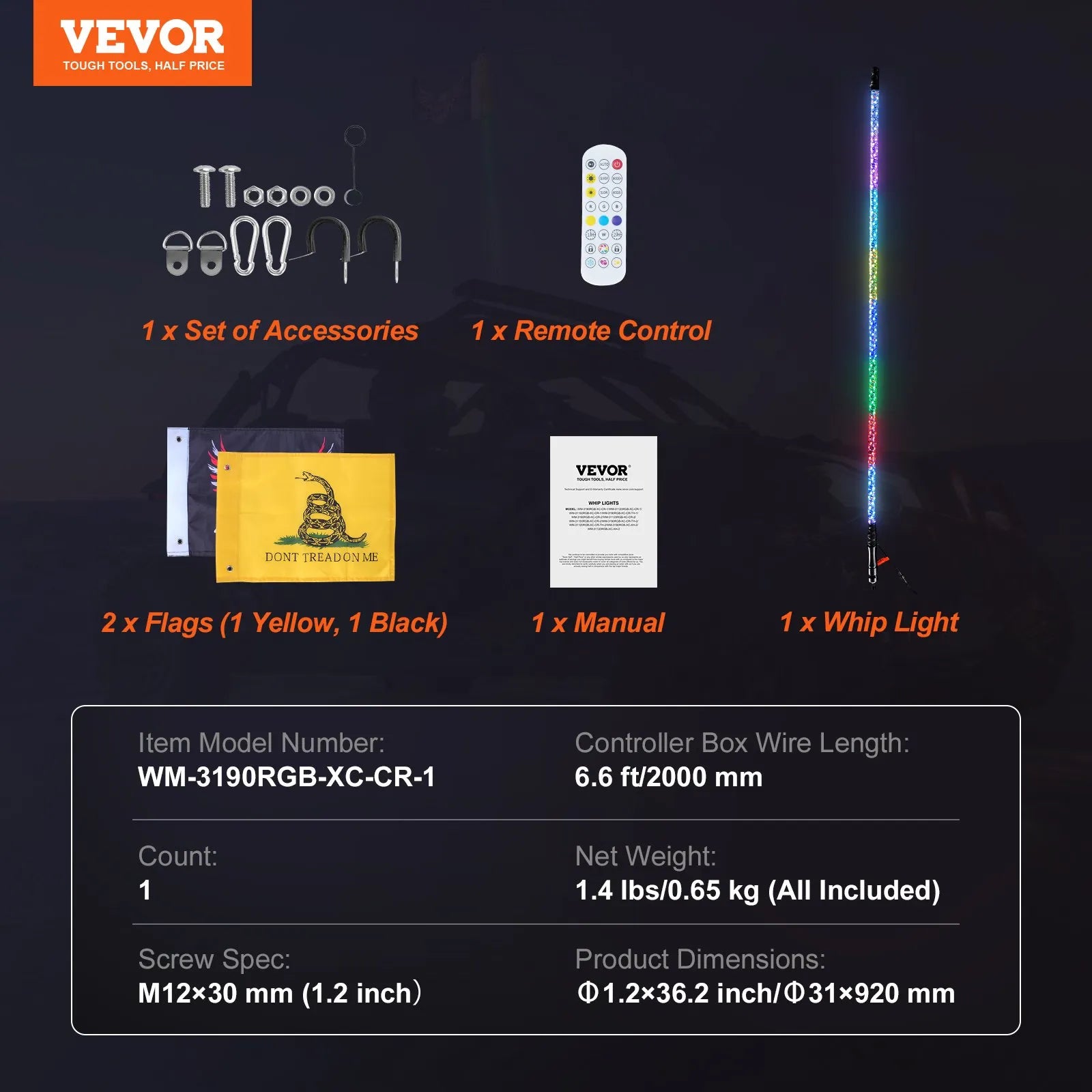 VEVOR 1 PC 3 FT Whip Light, APP & RF Remote Control Led Whip Light, Waterproof 360°Spiral RGB Chasing Lighted Whips with 2 Flags, for UTVs, ATVs, Motorcycles, RZR, Can-am, Trucks, Off-road, Go-karts