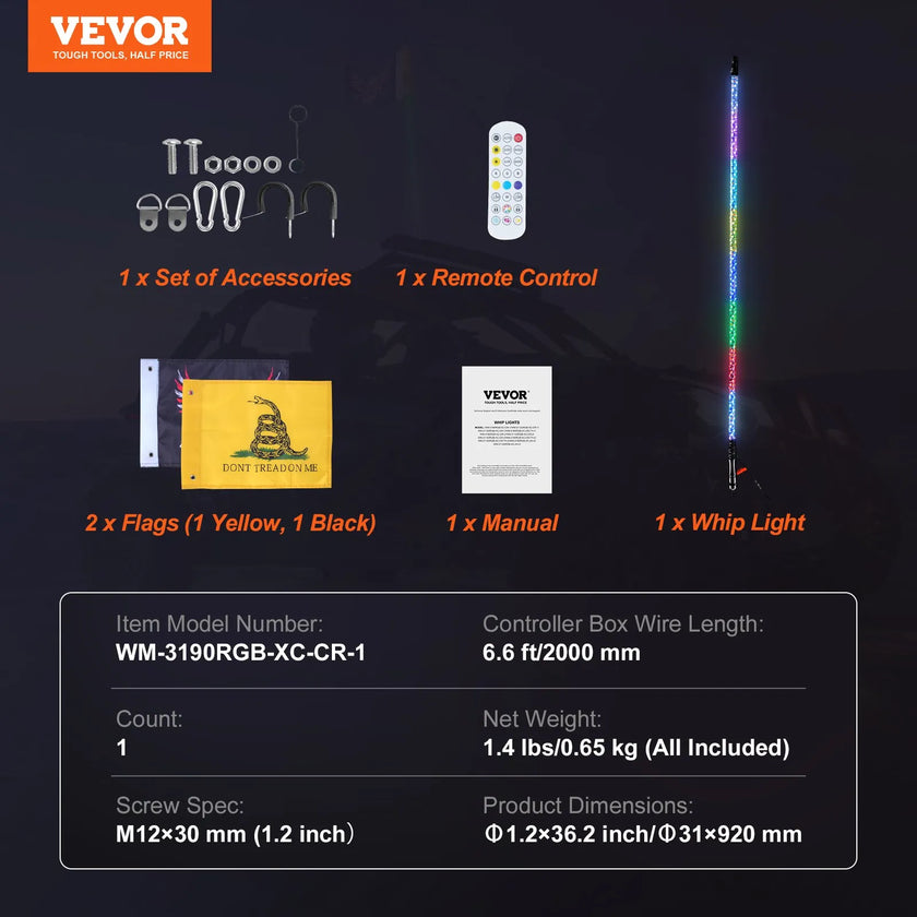 VEVOR 1 PC 3 FT Whip Light, APP & RF Remote Control Led Whip Light, Waterproof 360°Spiral RGB Chasing Lighted Whips with 2 Flags, for UTVs, ATVs, Motorcycles, RZR, Can-am, Trucks, Off-road, Go-karts