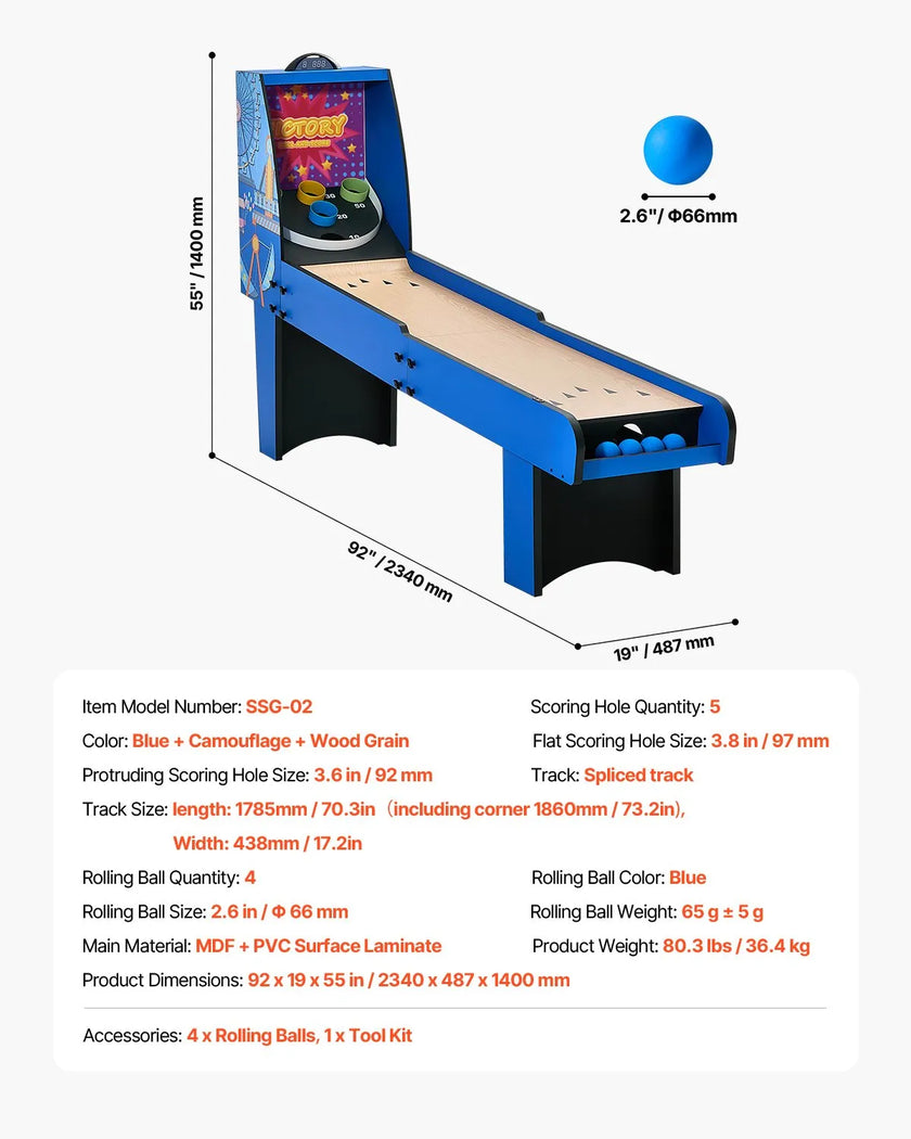 VEVOR 8 ft Roll & Score Arcade Game Table Electronic Scorer Game Room 4 Balls