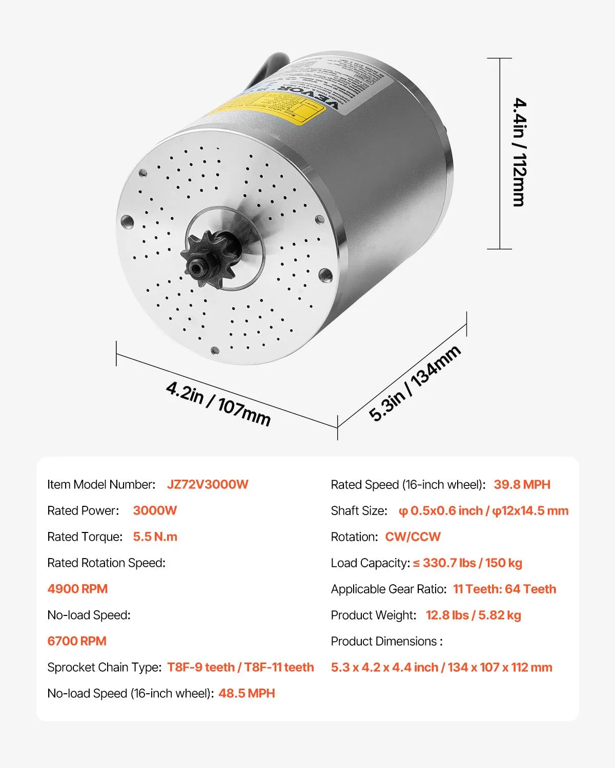 VEVOR 72V 3000W Electric Brushless DC Motor Kit with Upgraded Speed Controller
