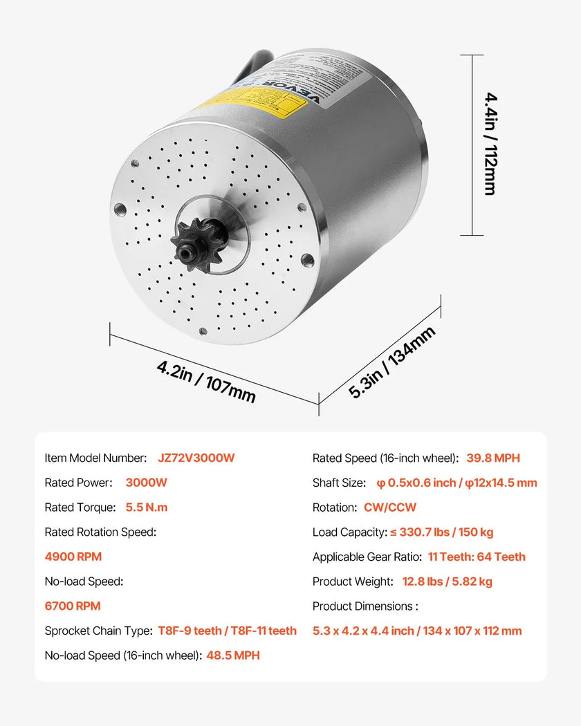 VEVOR 72V 3000W Electric Brushless DC Motor Kit with Upgraded Speed Controller