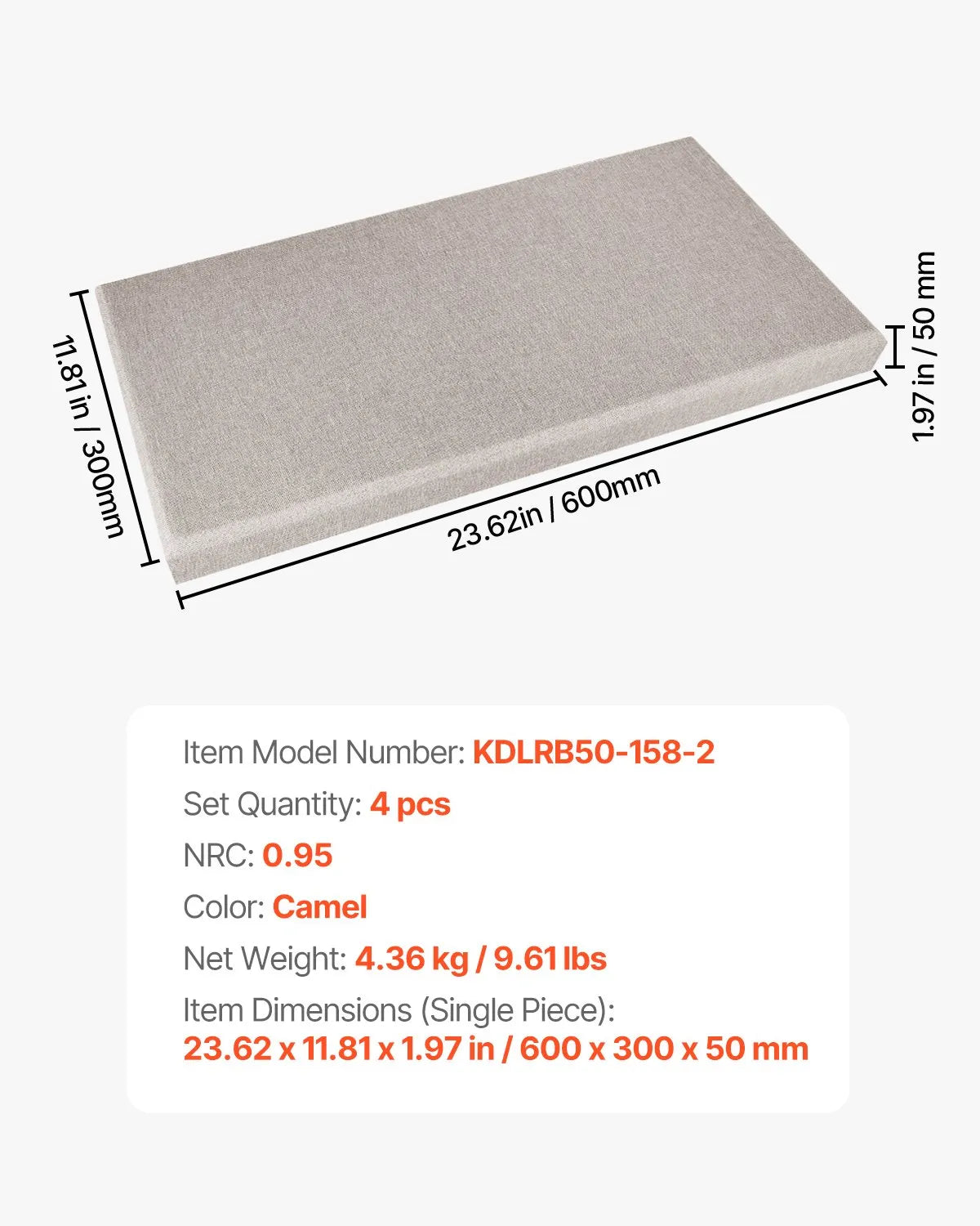 VEVOR 4 PCS Acoustic Wall Panels 2 in Thick 23.6 x 11.8 in Self-adhesive Camel