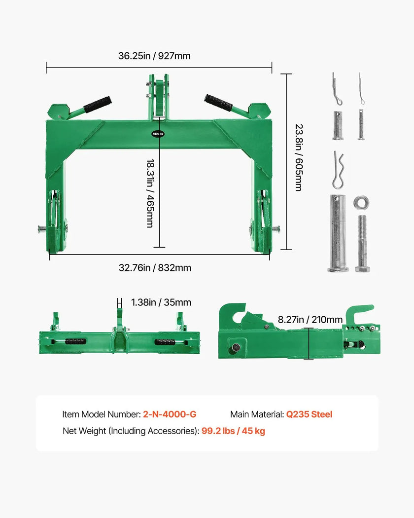 VEVOR 3-Point Quick Hitch Category 2 Tractor Hitch 4000lb Loads Adjustable Bolt