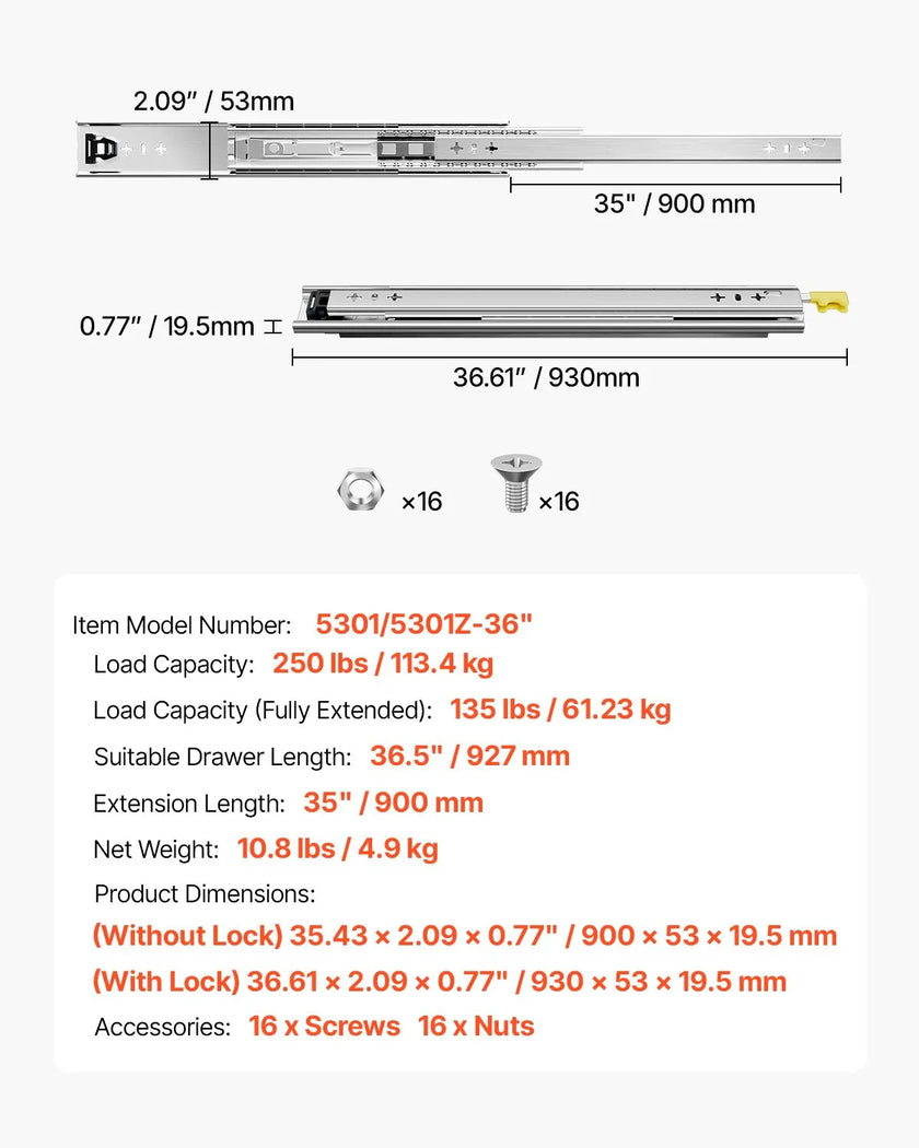 VEVOR 1 Pair 16-60 in Soft-Close Drawer Slides Ball Bearing Full Extension