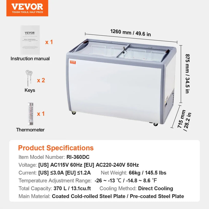 VEVOR 13.1Cu.ft Commercial Ice Cream Display Case Gelato Dipping Freezer Cabinet