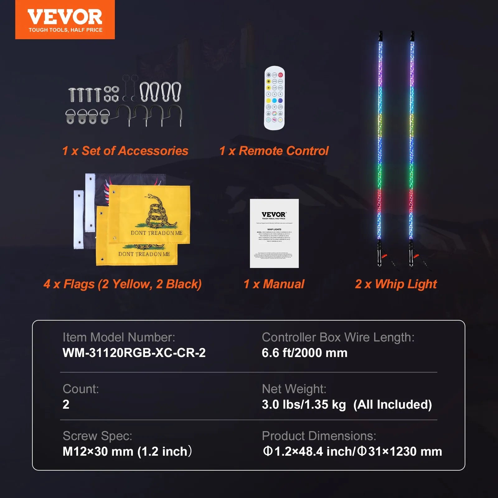 VEVOR 2 PCS 4 FT Whip Light, APP & RF Remote Control Led Whip Light, Waterproof 360° Spiral RGB Chasing Lighted Whips with 4 Flags, for UTVs, ATVs, Motorcycles, RZR, Can-am, Trucks, Off-road, Go-karts