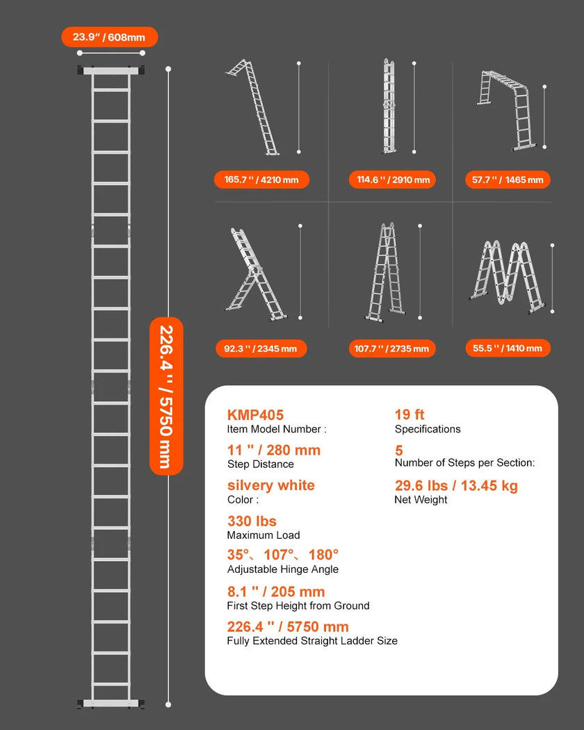 VEVOR Multi-Purpose Folding Ladder 7-in-1 5 Step 19ft Reach Height Metal