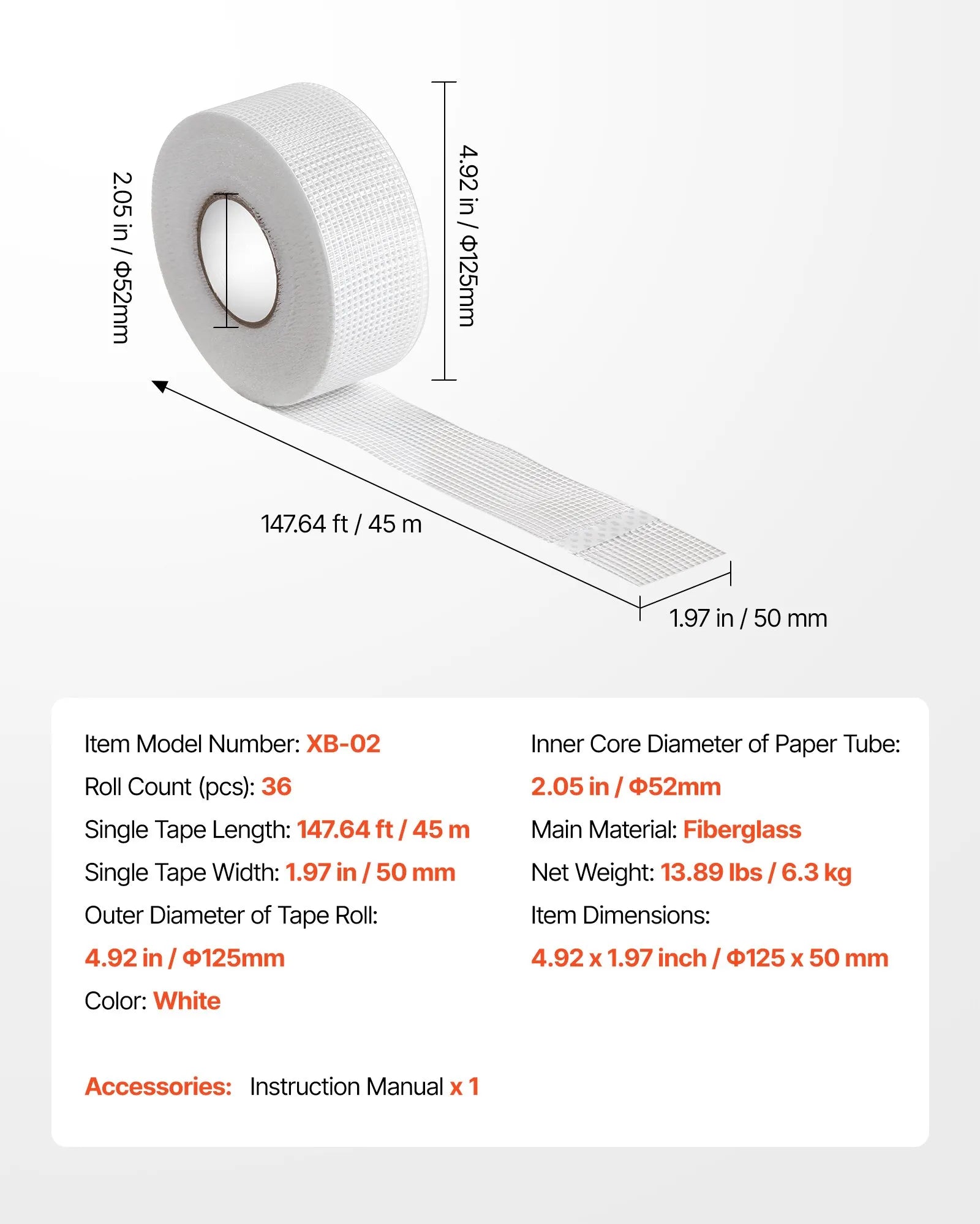 VEVOR 36 Rolls 147.64 ft x 1.97 inch Self-Adhesive Fiberglass Drywall Mesh Tape