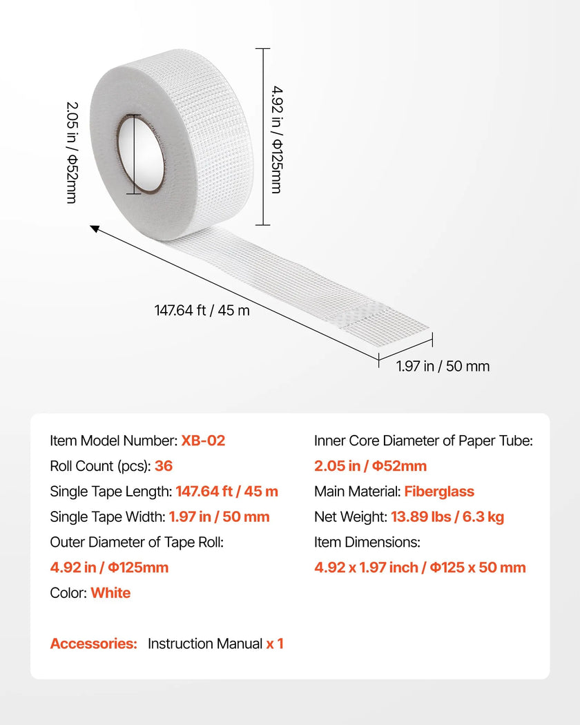 VEVOR 36 Rolls 147.64 ft x 1.97 inch Self-Adhesive Fiberglass Drywall Mesh Tape
