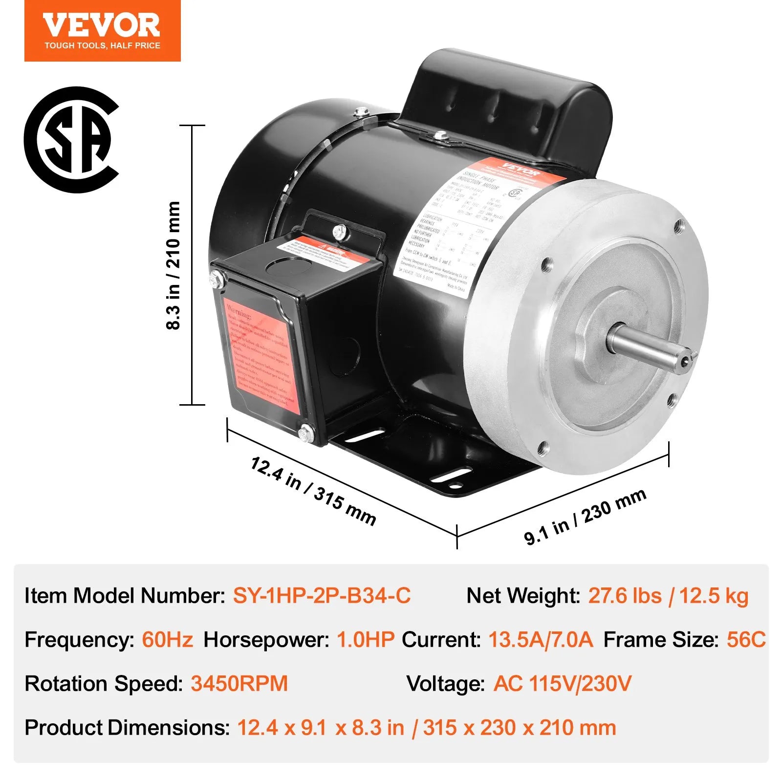VEVOR 1HP Electric Motor 3450RPM AC115V/230V 56C Frame 1-Phase 5/8