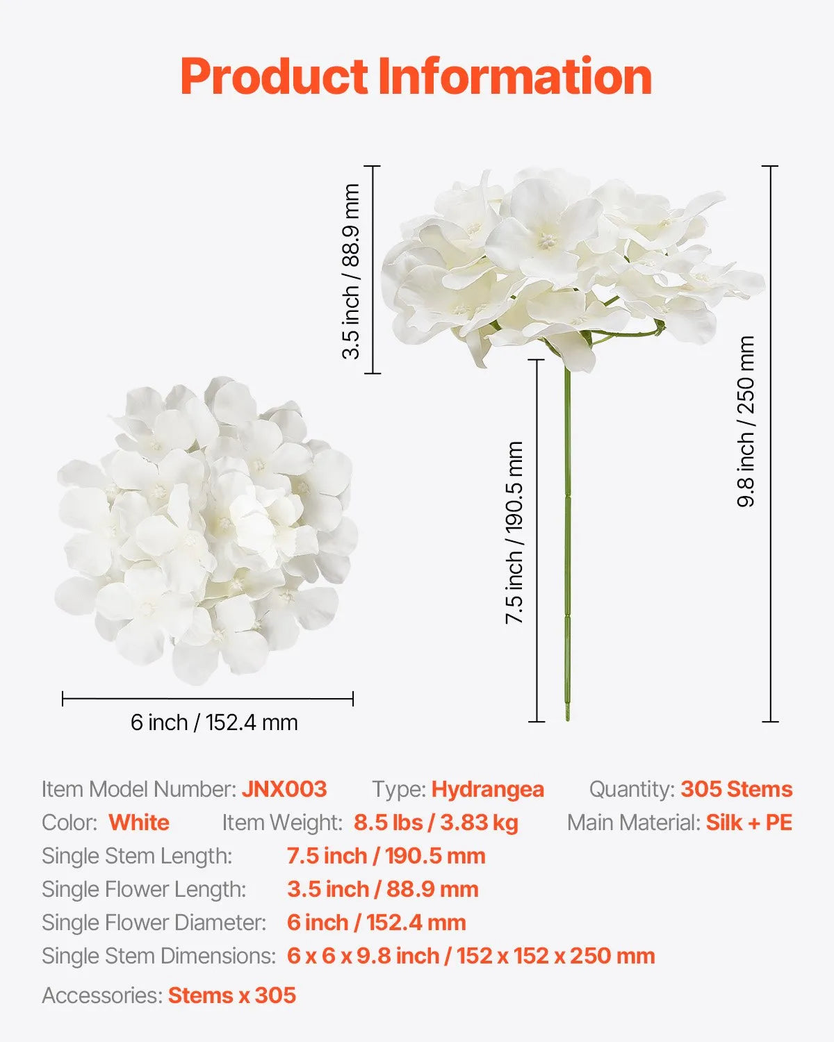 VEVOR 305 Pcs Artificial Silk Hydrangea Flowers 9.8 In Bouquet Arrangement White