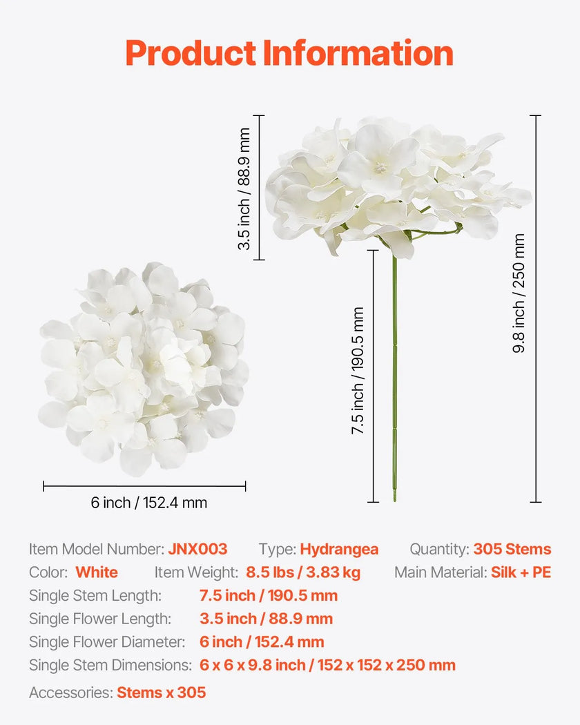 VEVOR 305 Pcs Artificial Silk Hydrangea Flowers 9.8 In Bouquet Arrangement White