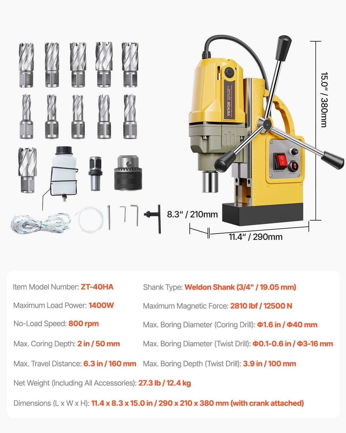 Magnetic Drill 1400W 2810 lbf Mag Drill Press 1.6 in Boring Diameter 11 Bits