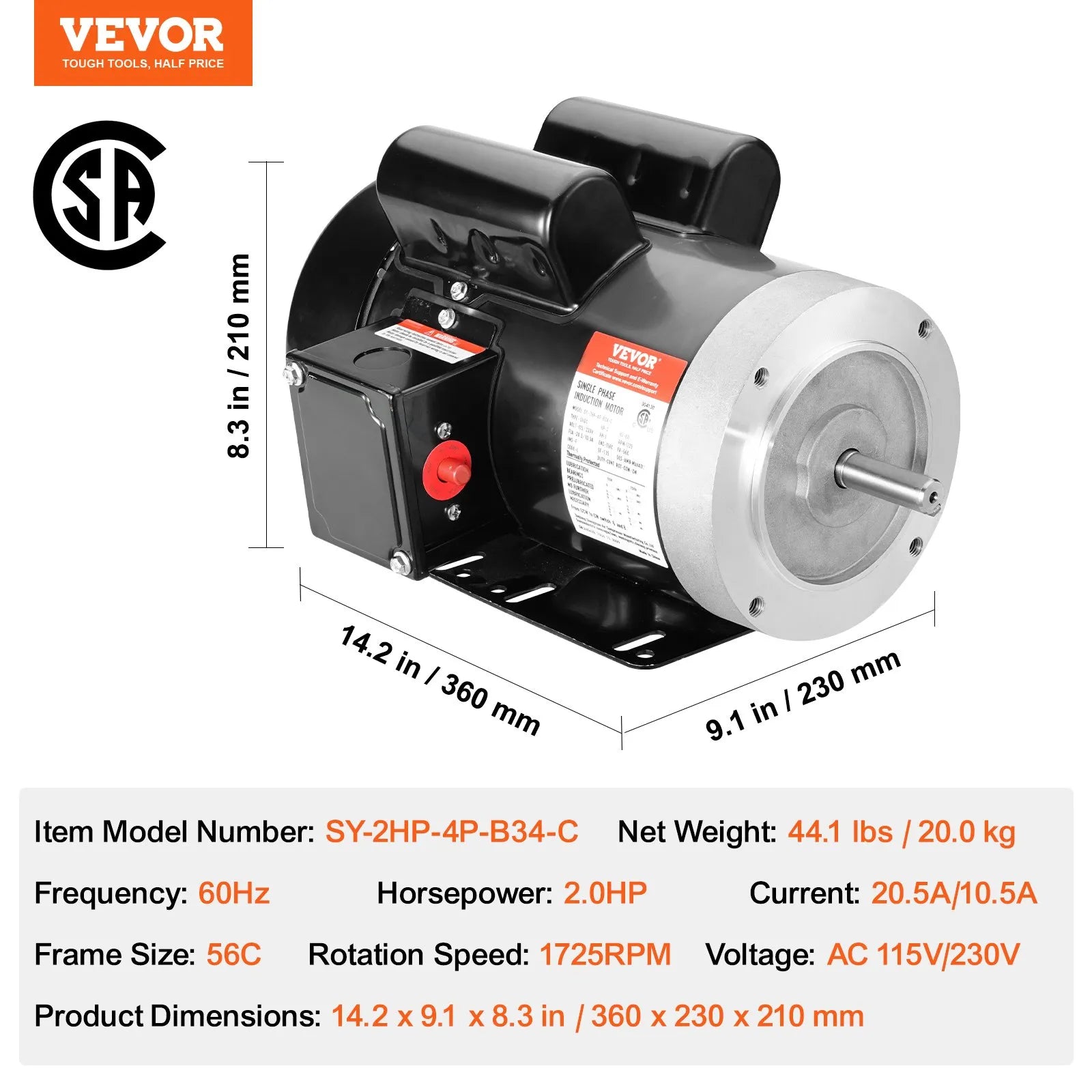 VEVOR 2HP Electric Motor 1725RPM AC 115V/230V 56C Frame 1-Phase 5/8