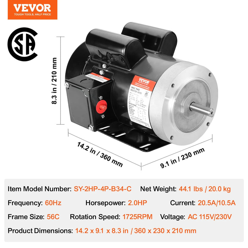 VEVOR 2HP Electric Motor 1725RPM AC 115V/230V 56C Frame 1-Phase 5/8