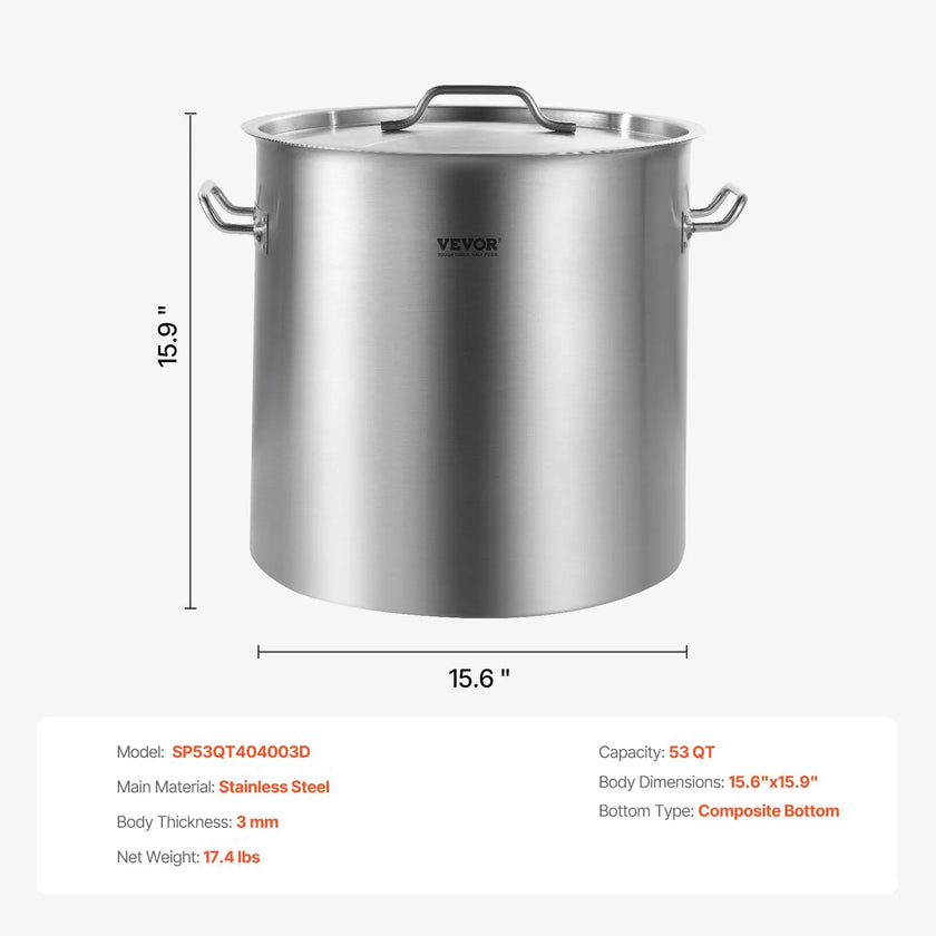 VEVOR 53QT Stainless Steel Stockpot Cooking Kitchen Sauce Pot with Lid Handle