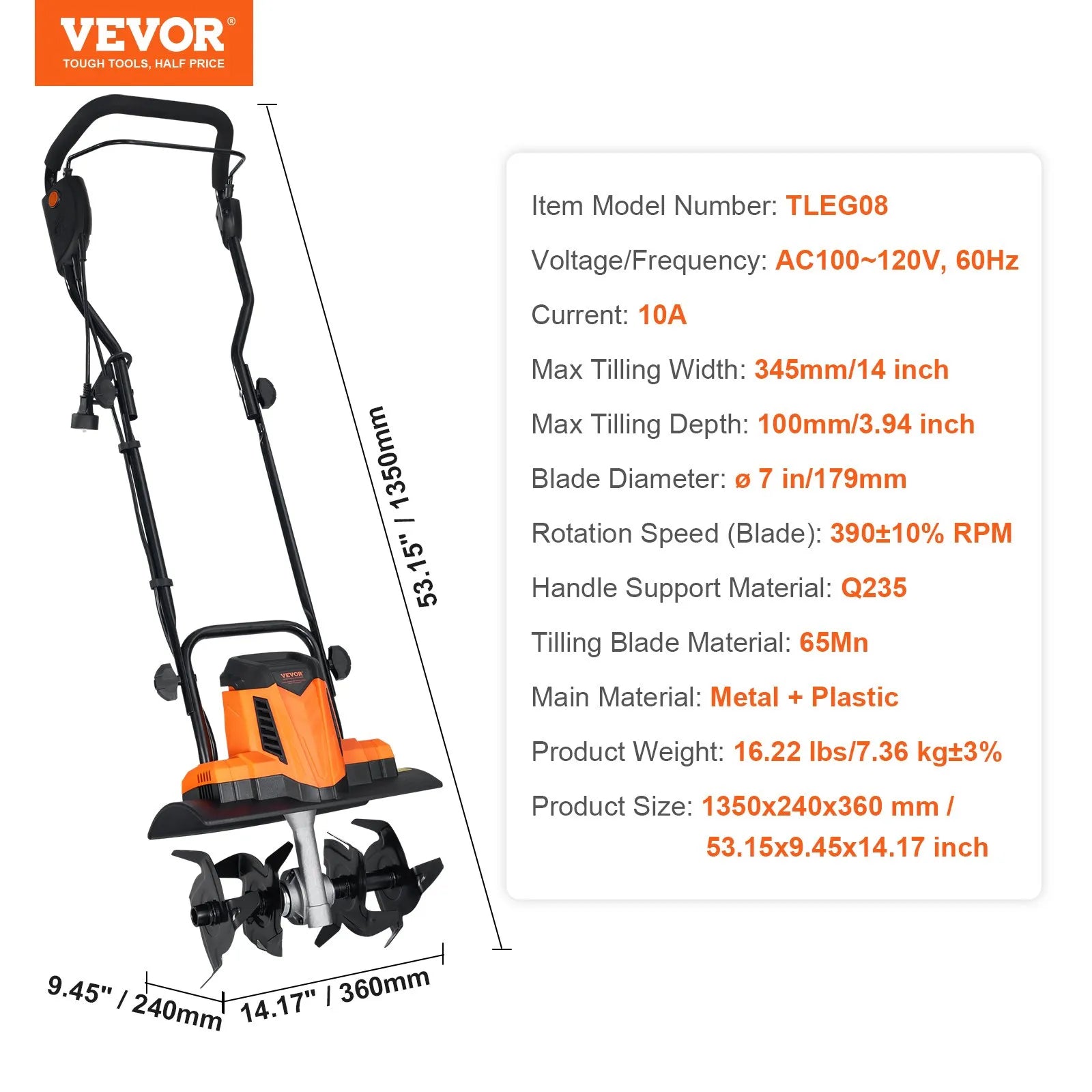 VEVOR 10 Amp Electric Tiller, 14