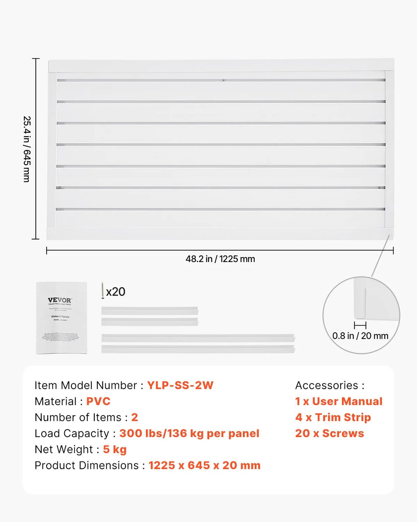 VEVOR 2 x 4 ft Slat Wall Paneling PVC White Garage Slatwall with Modular Design