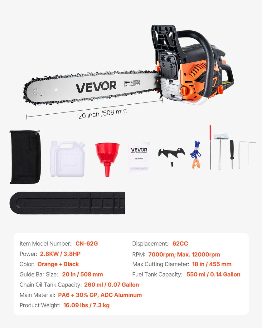 VEVOR 62cc Gas Chainsaw 3.8 HP Gas Powered 20 inch Chainsaw For Wood Cutting