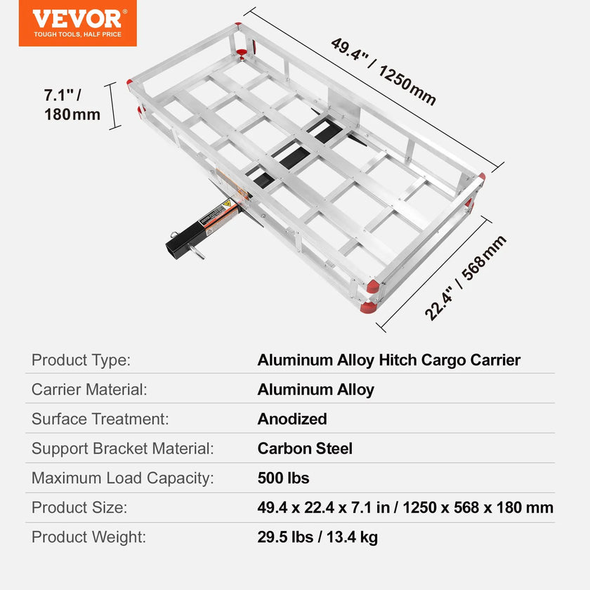 VEVOR 49.4 x 22.4 x 7.1 in Hitch Cargo Carrier, 500lb Capacity Trailer Hitch Mount Aluminum Cargo Basket, Luggage Carrier Rack Fits 2