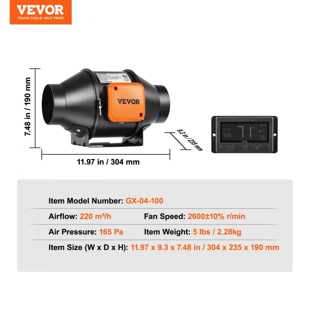 VEVOR 4 Inch Inline Duct Fan HVAC Exhaust Blower Kit EC Variable Speed Control