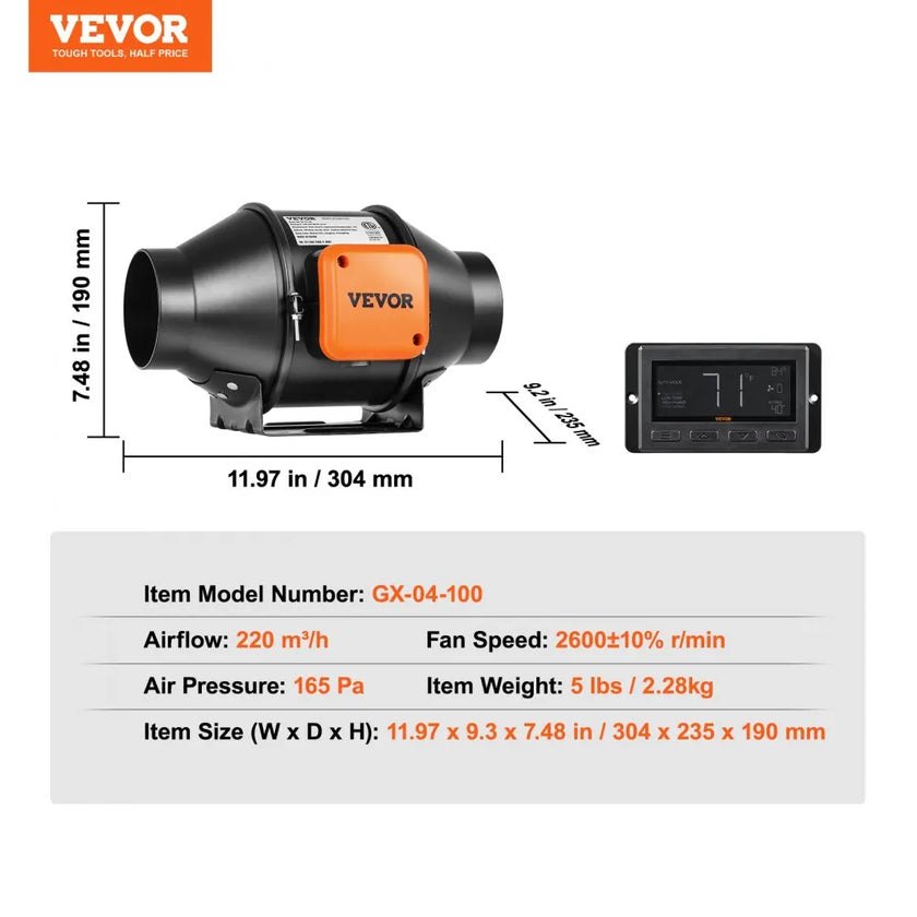 VEVOR 4 Inch Inline Duct Fan HVAC Exhaust Blower Kit EC Variable Speed Control