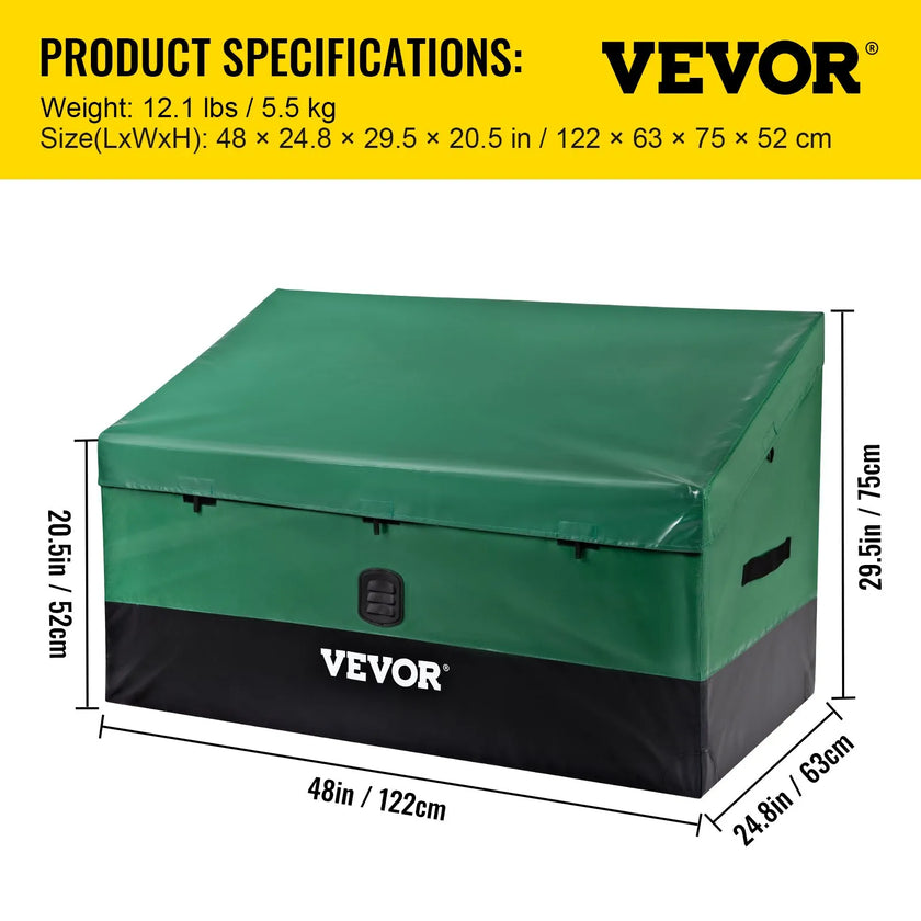 VEVOR Outdoor Storage Box, 100 Gallon Waterproof PE Tarpaulin Deck Box w/ Galvanized Frame, All-Weather Protection & Portable, for Camping, Garden, Poolside, and Yard, Brown & Blue