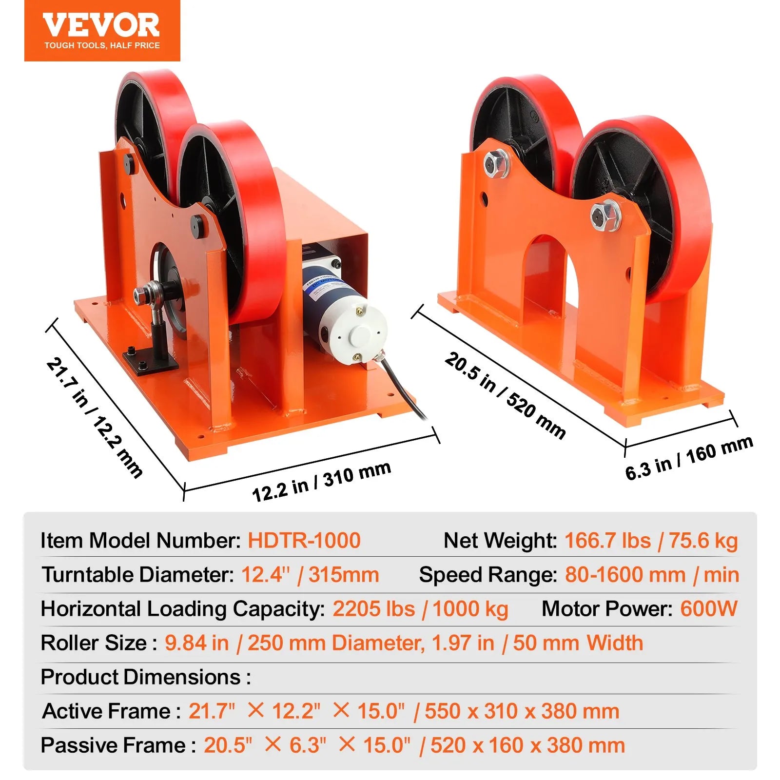 VEVOR 110V Turning Rolls Linkage Roller, 1000KG/2205LBS Loading Welding Turning Roll, 25-1400mm Diameter, 80-1600 mm/min Rotary Welding Positioner & Welding Torch Stand for Welding Equipment Support