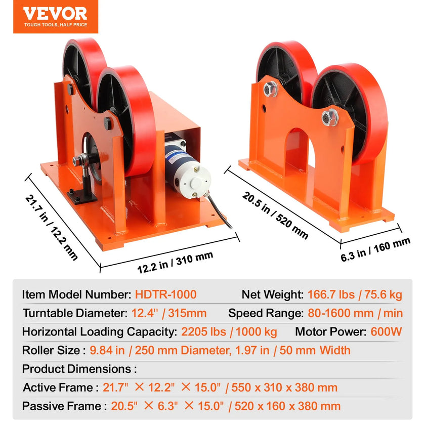 VEVOR 110V Turning Rolls Linkage Roller, 1000KG/2205LBS Loading Welding Turning Roll, 25-1400mm Diameter, 80-1600 mm/min Rotary Welding Positioner & Welding Torch Stand for Welding Equipment Support