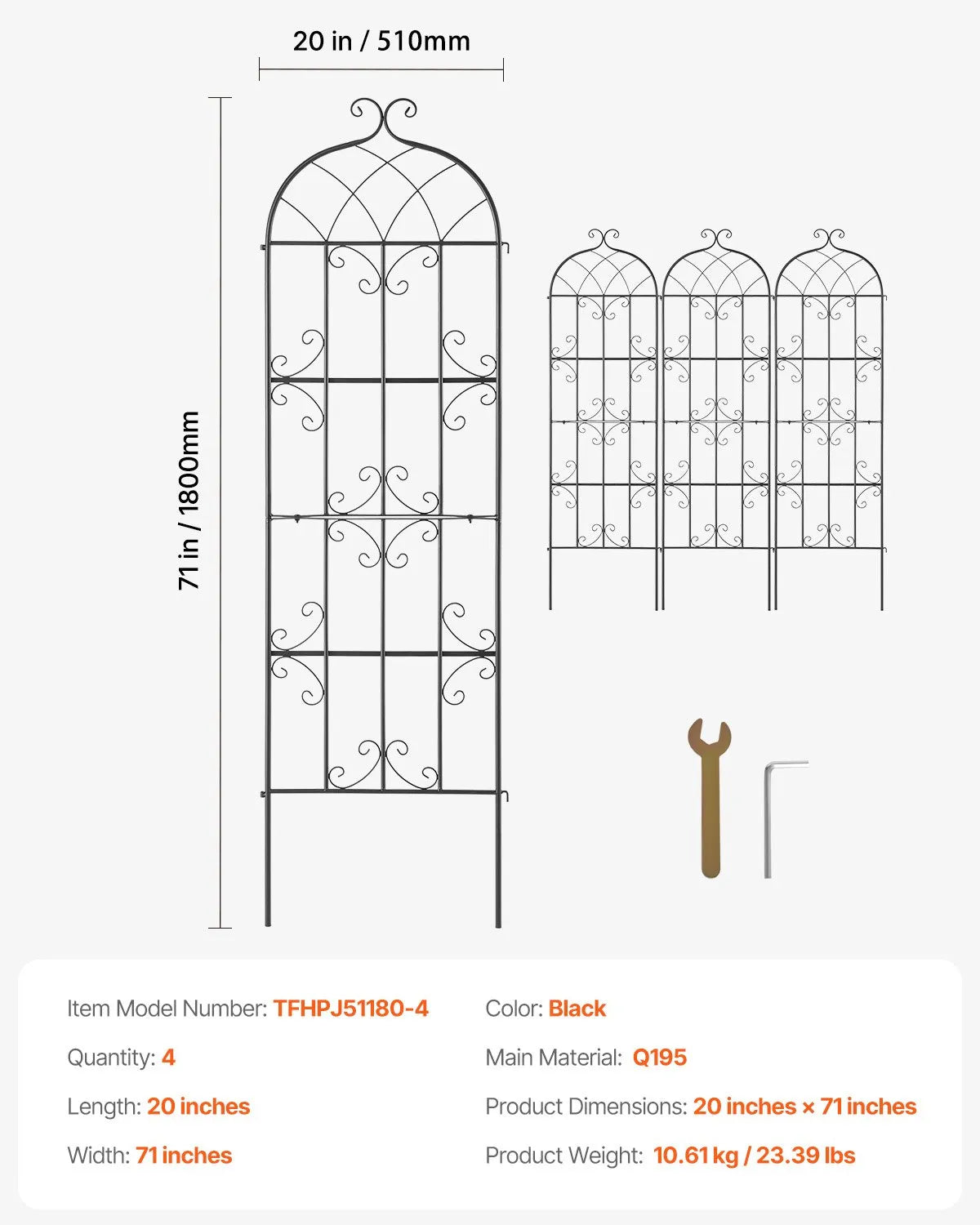 VEVOR 4 Packs Metal Garden Trellis for Climbing Plant Support 71x20 in Rustproof