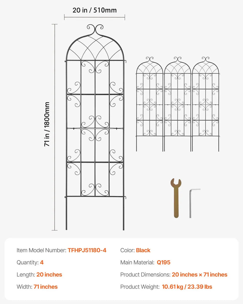 VEVOR 4 Packs Metal Garden Trellis for Climbing Plant Support 71x20 in Rustproof