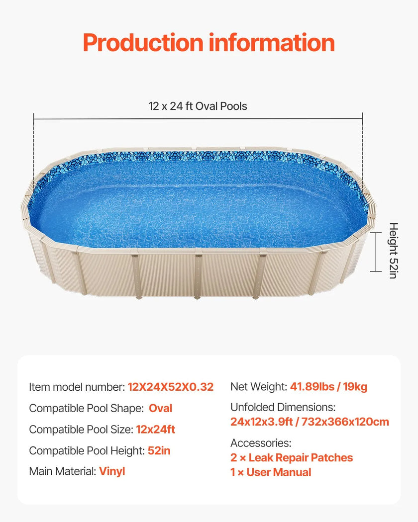 VEVOR Oval Pool Liner 12x24ft Unibead Style Pool Liner 52in Wall Height
