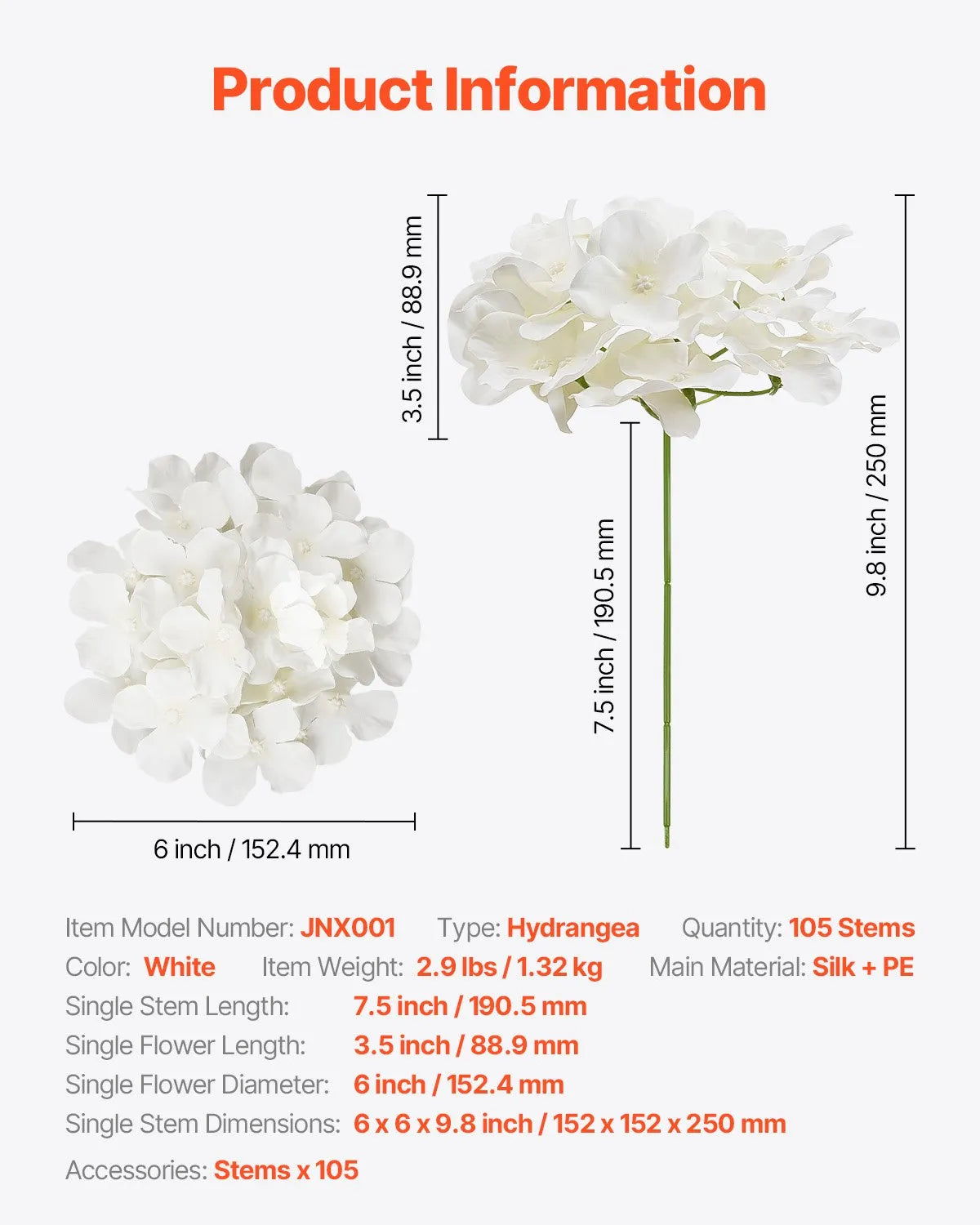 VEVOR 105 Pcs Artificial Silk Hydrangea Flowers 9.8 In Bouquet Arrangement White