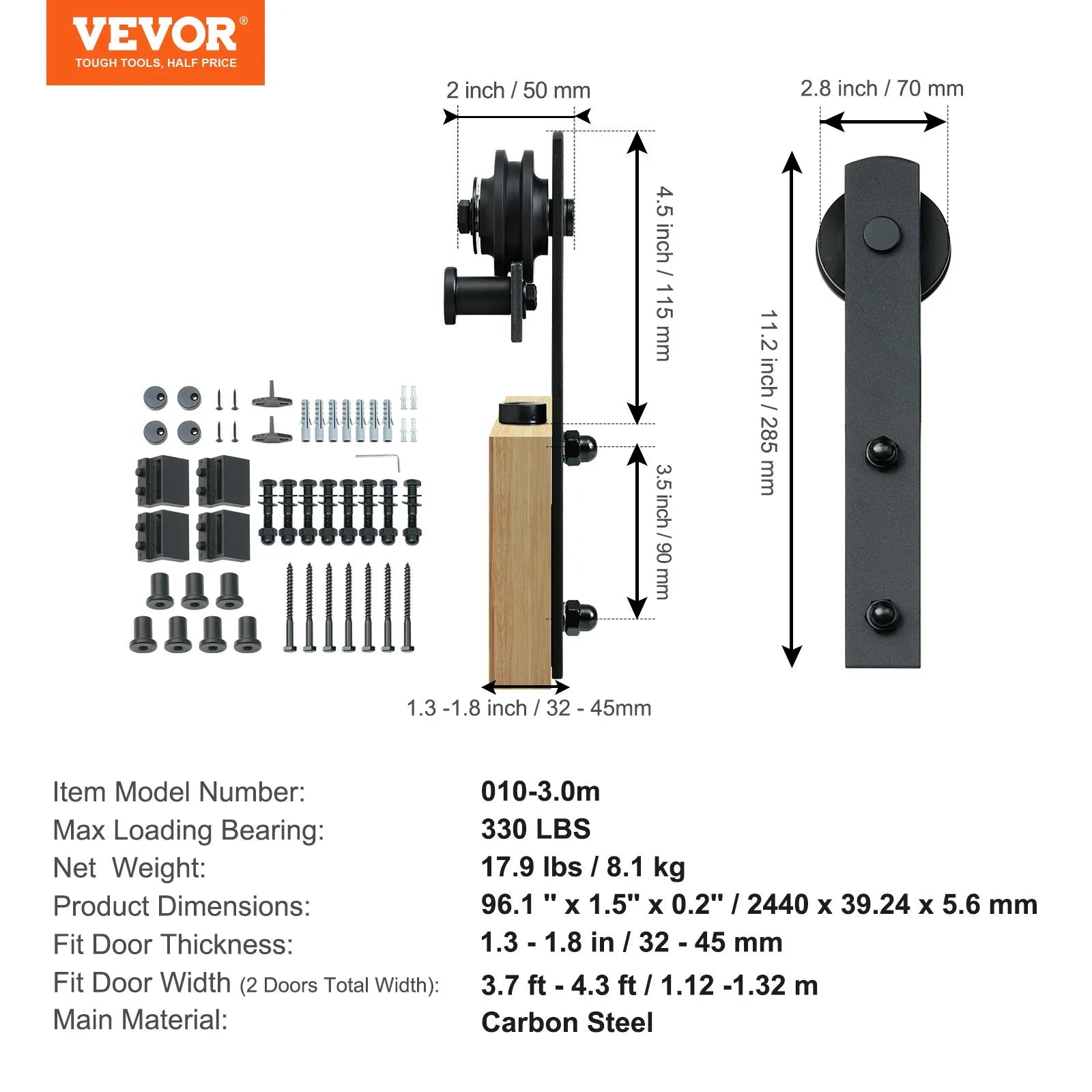 VEVOR 8FT Sliding Barn Door Hardware Kit, 330LBS Heavy Duty Barn Door Track Kit for Double Doors, Fit 3.7-4.3FT Total Wide and 1.3
