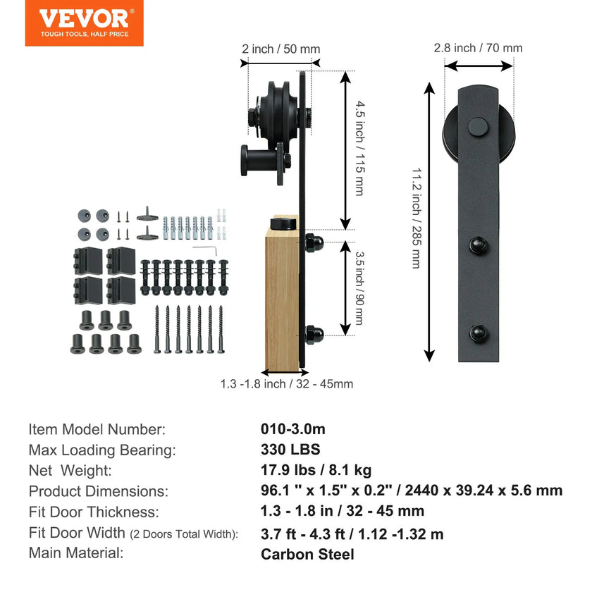 VEVOR 8FT Sliding Barn Door Hardware Kit, 330LBS Heavy Duty Barn Door Track Kit for Double Doors, Fit 3.7-4.3FT Total Wide and 1.3