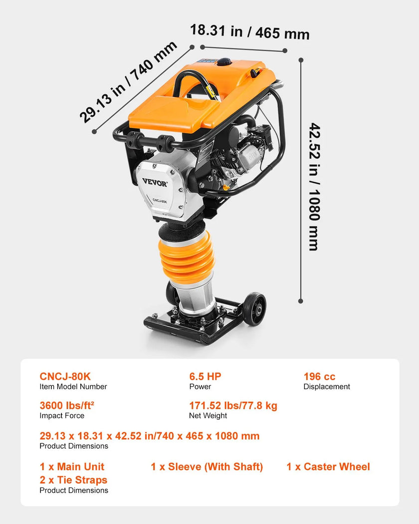 VEVOR 6.5 HP 196 cc Four-Spring Jumping Jack Vibratory Rammer Tamper Compactor
