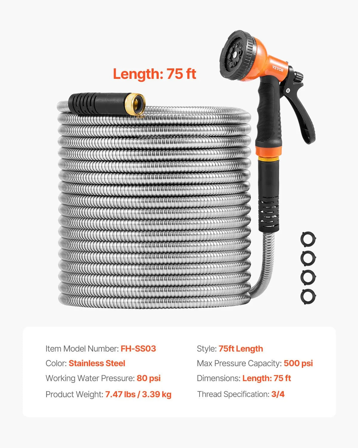 VEVOR 75ft Metal Garden Hose Stainless Steel Water Hose Lightweight No Kink