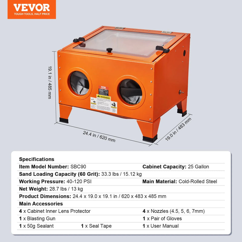 VEVOR 25 Gallon Sandblasting Cabinet, 40-120PSI Portable Benchtop Sand Blasting Cabinet, Heavy Duty Steel Sand Blaster with Blasting Gun & 4 Ceramic Nozzles for Paint, Stain, Rust Removal