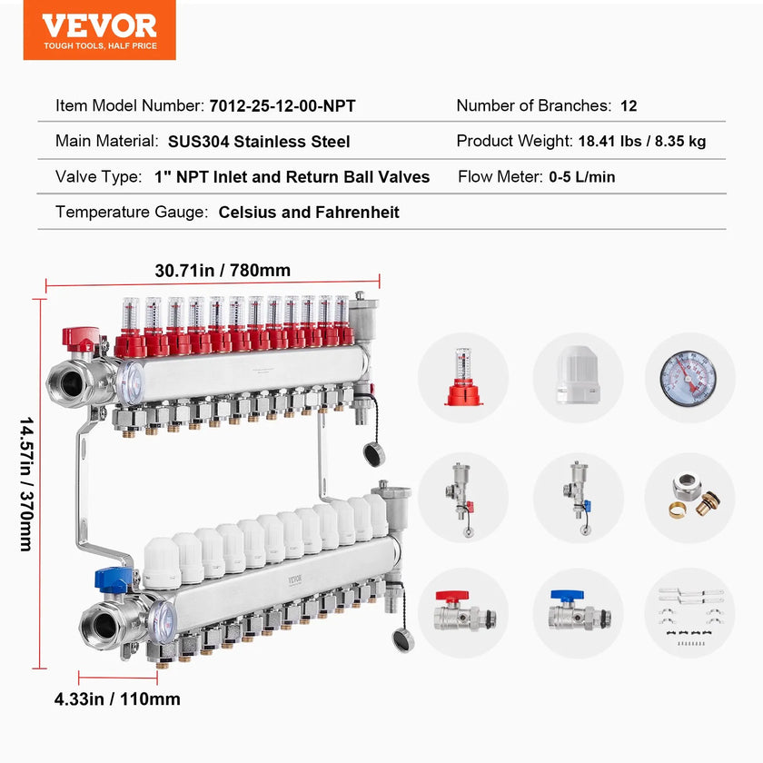 VEVOR 12-Branch Radiant Heat Manifold 1/2