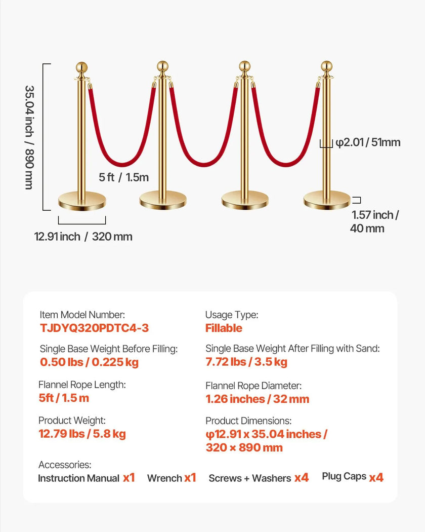 VEVOR 4 Pcs Gold Stanchion Post 3 Red Velvet Ropes Sand Injection Hollow Base