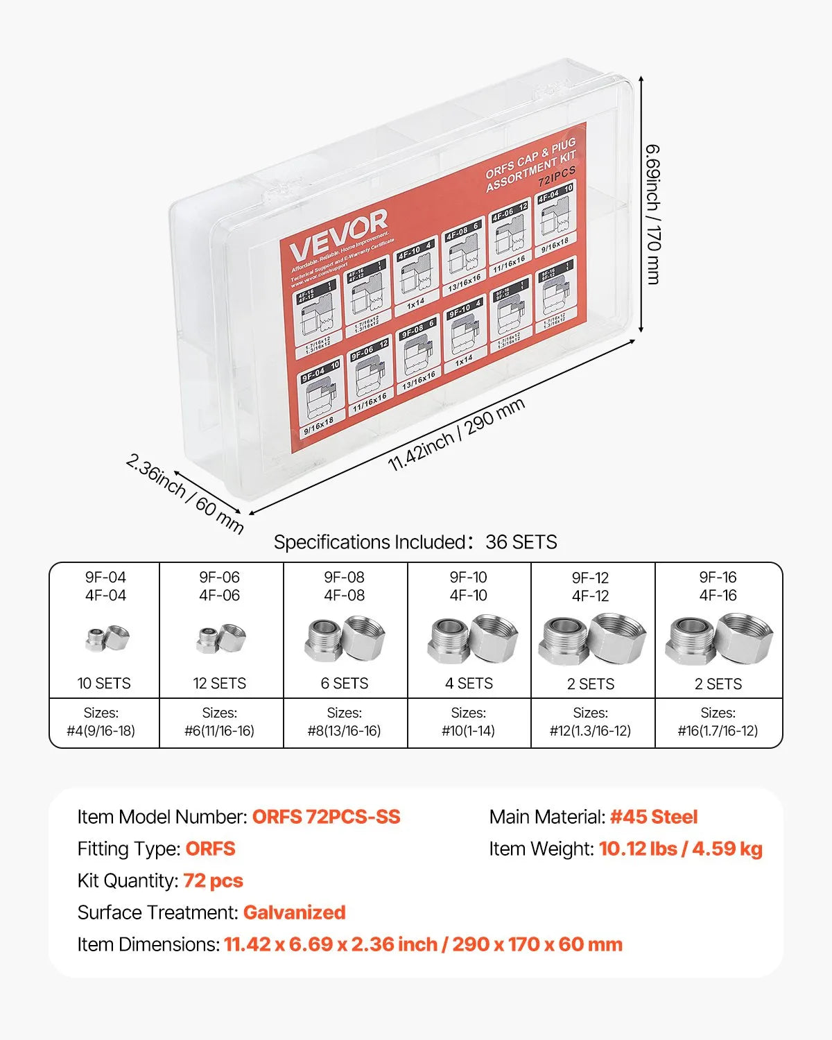 VEVOR 72 PCS ORFS O-Ring Plug and Cap Hydraulic Sealing Fittings Kit Sizes 4-16