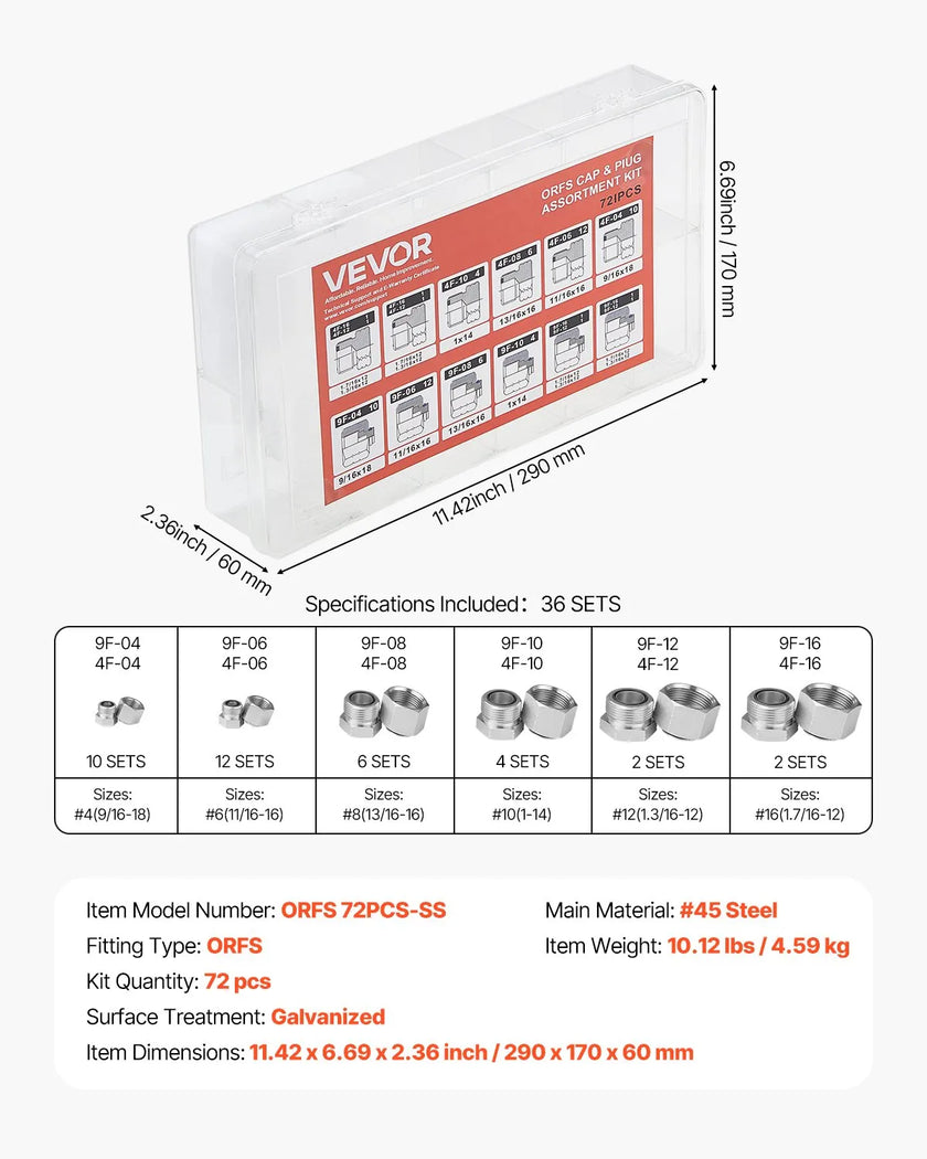 VEVOR 72 PCS ORFS O-Ring Plug and Cap Hydraulic Sealing Fittings Kit Sizes 4-16