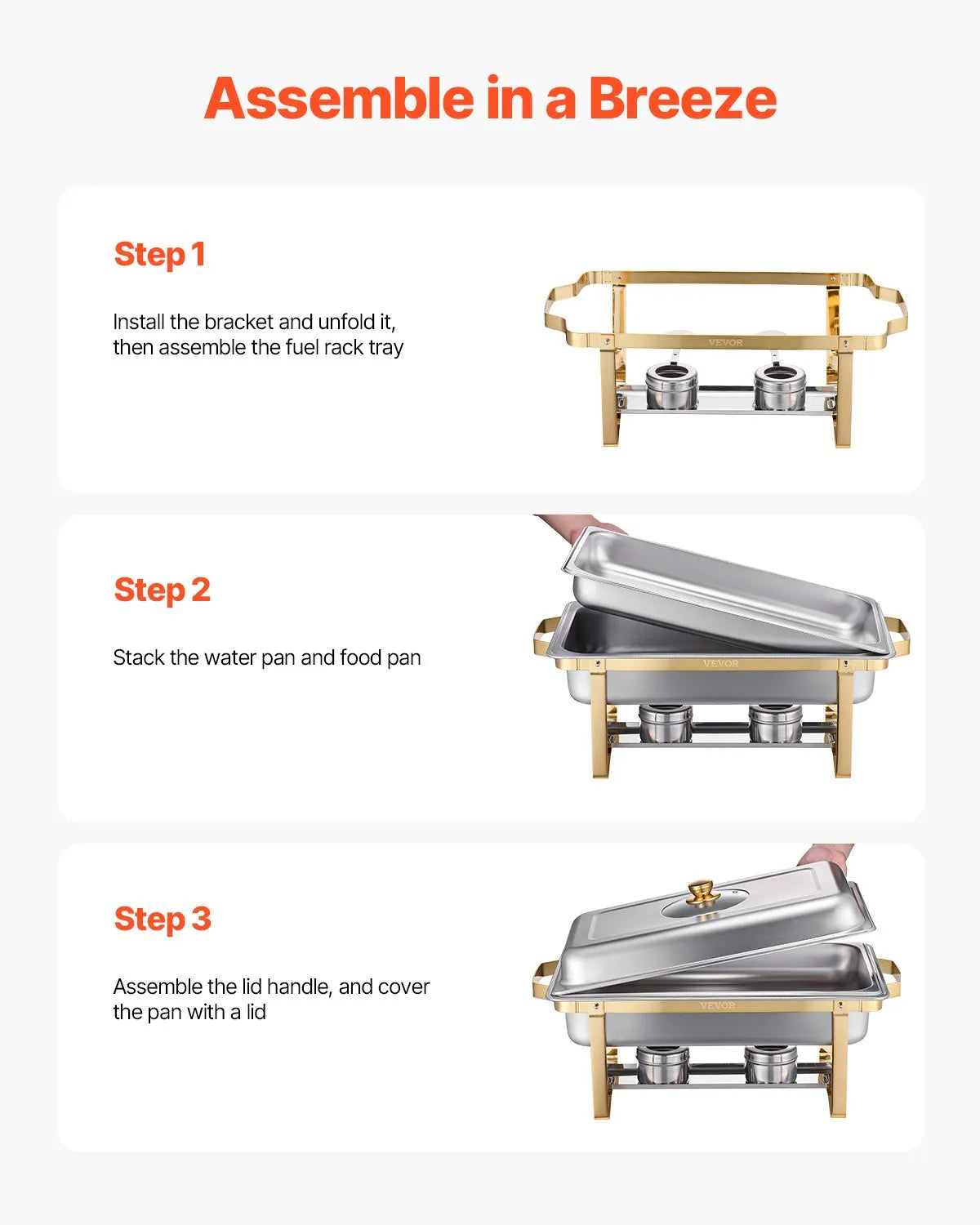 VEVOR 8 Qt 4 Pack Rectangle Chafing Dish Buffet Set Fullsize Pan Stainless Steel