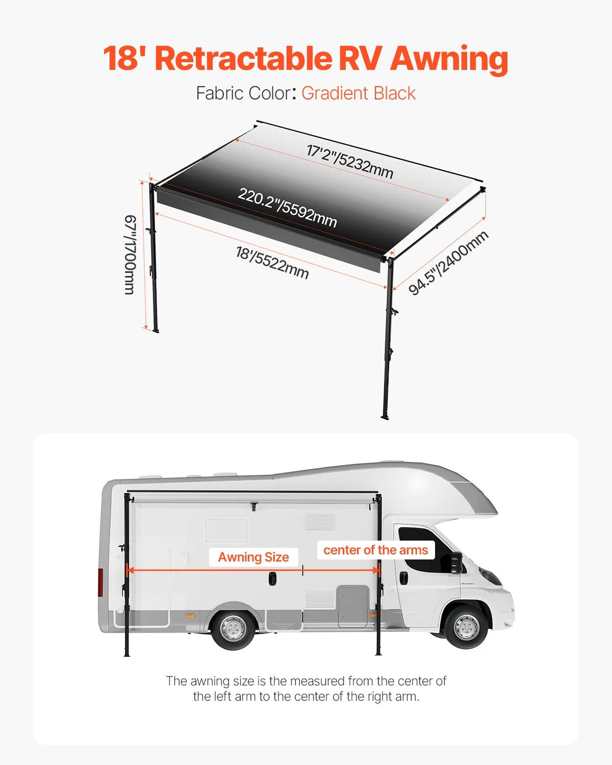 VEVOR 18' RV Replacement Awning Manual Trailer Awning for Most DC12V RVs