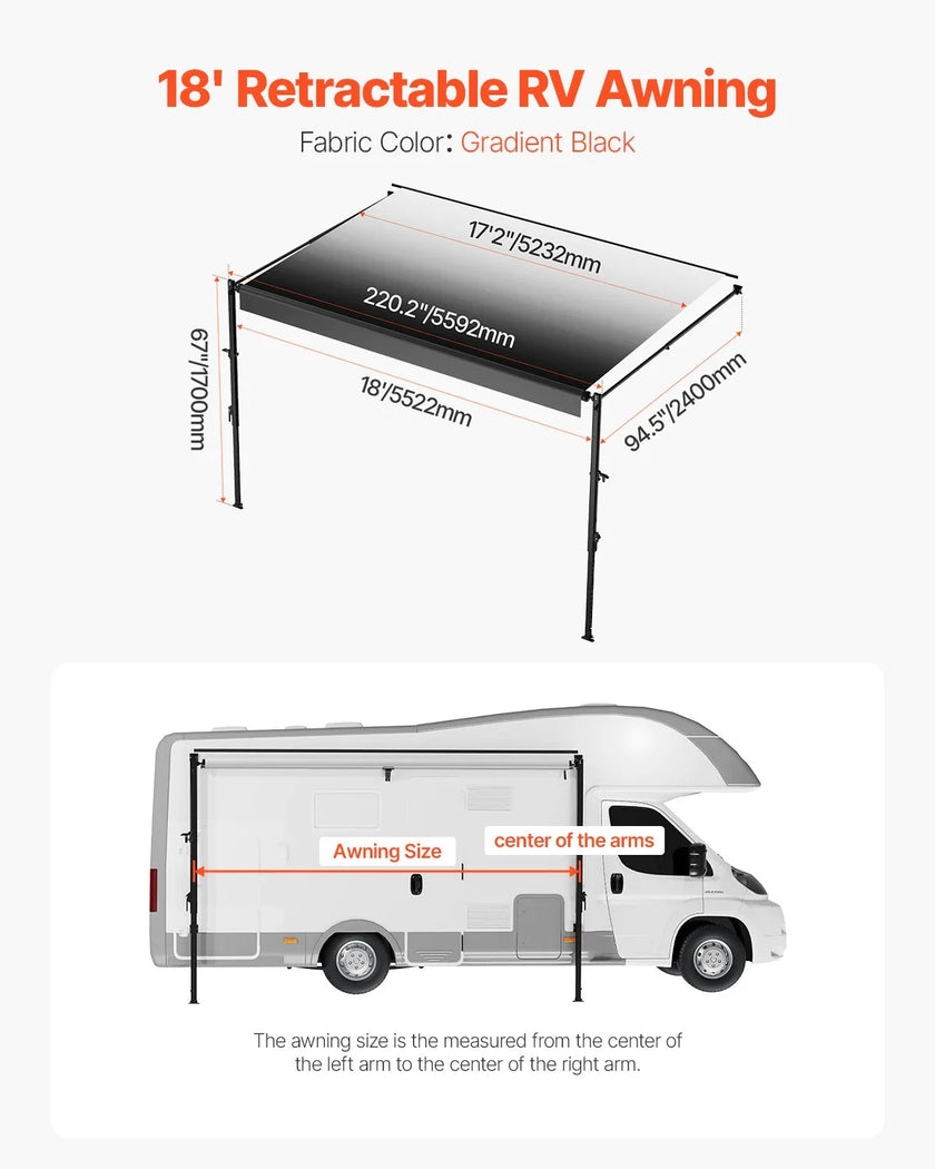 VEVOR 18' RV Replacement Awning Manual Trailer Awning for Most DC12V RVs