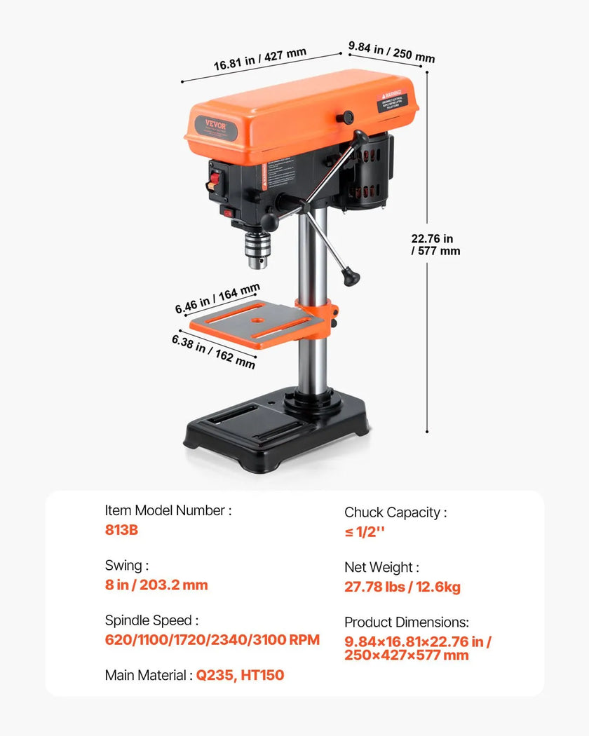 VEVOR 8 in Benchtop Drill Press Tabletop Drilling Machine 750-3200RPM Adjustable