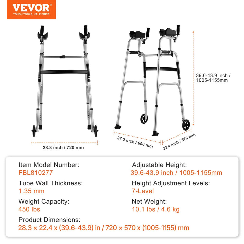 VEVOR 2 in 1 Folding Walker with Armrest Pads & 5