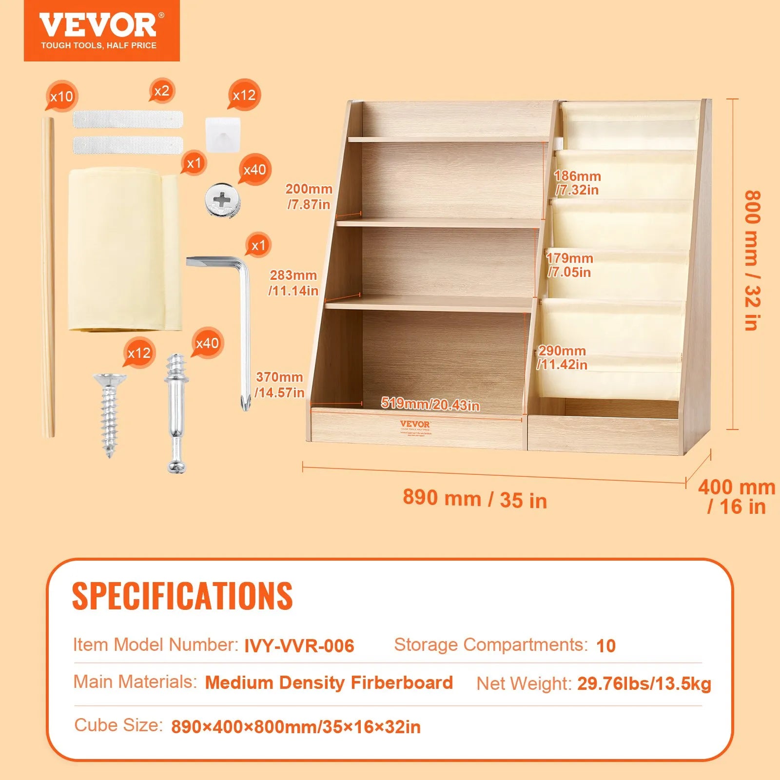 VEVOR 4-Tier Kids Wooden Bookshelf, Six-Layer Sling Bookcase, Baby Storage Book Rack, Book Toy Organizer Cabinet, for Kids Room, Playroom, Kindergarten, Nursery