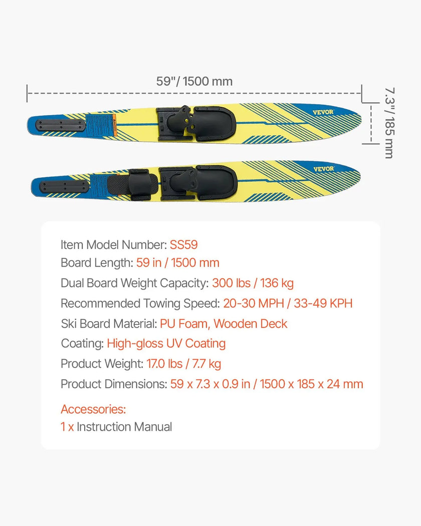 VEVOR 59-inch Water Skis Combo Adults Water Skis with X-7 Adjustable Bindings