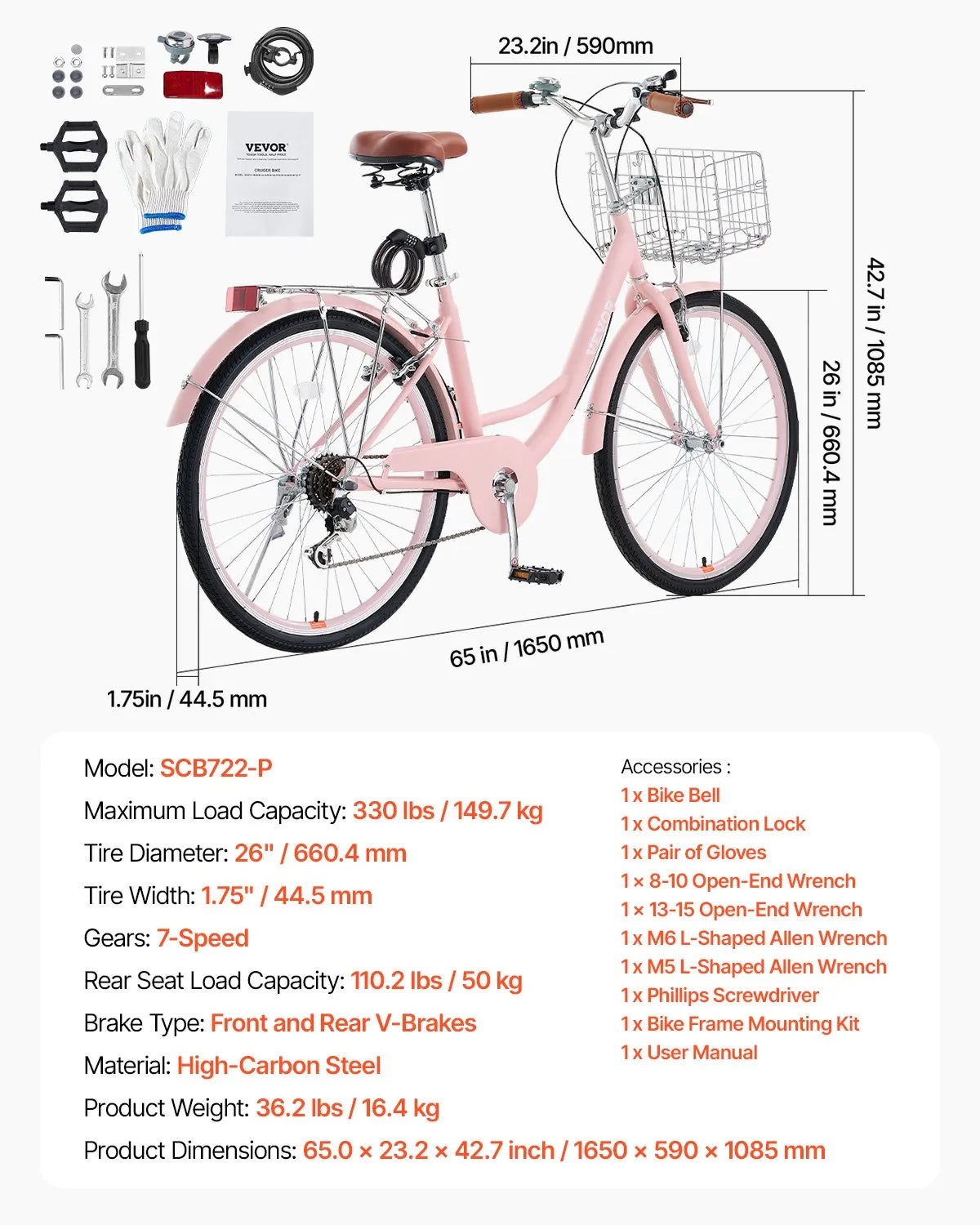 VEVOR 26-Inch Cruiser Bike 7-Speed Pink Beach Cruiser Bike with Basket